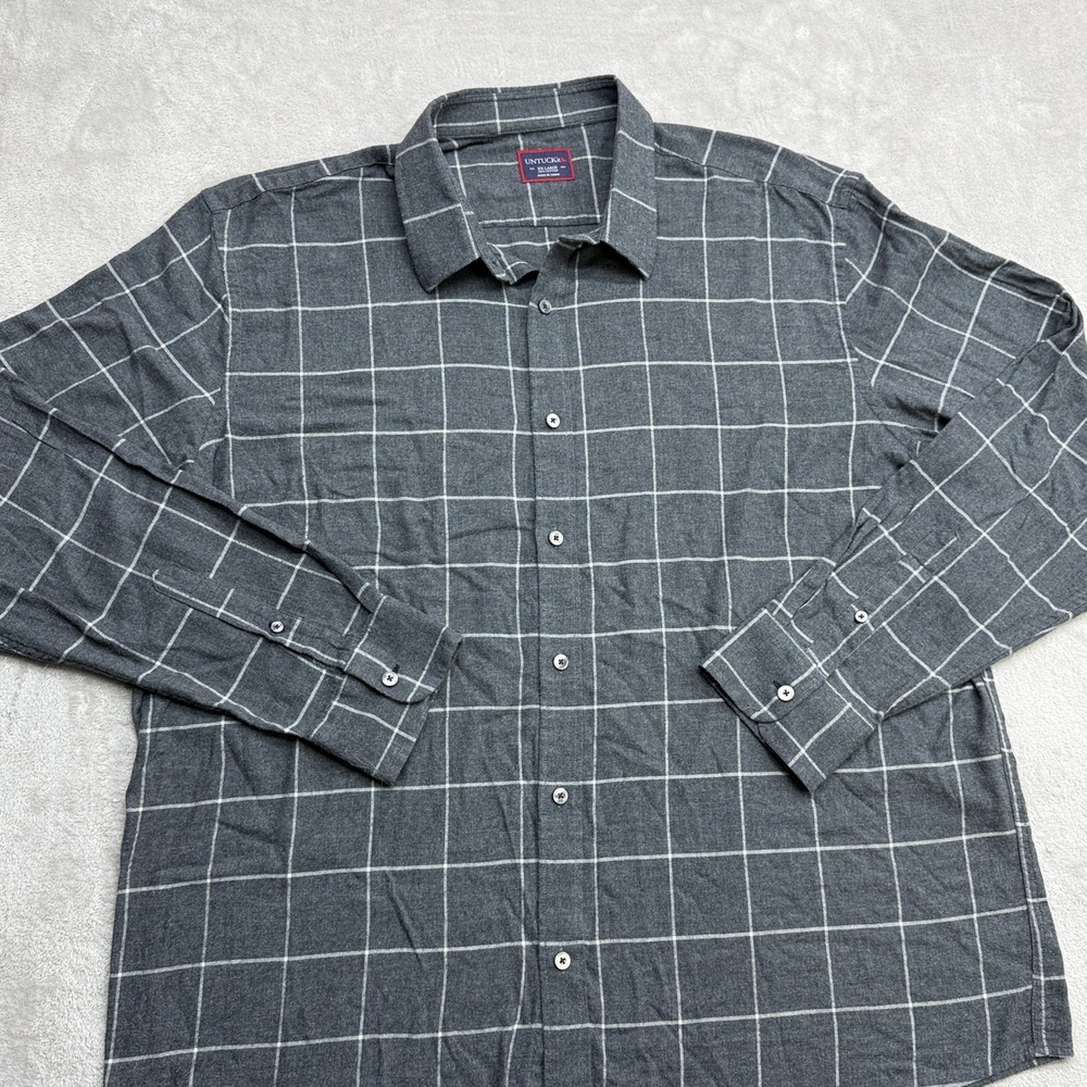 UNTUCKit Flannel Button Down Shirt Men XXL Gray Windowpane Plaid Cotton Long Slv - Picture 2 of 9